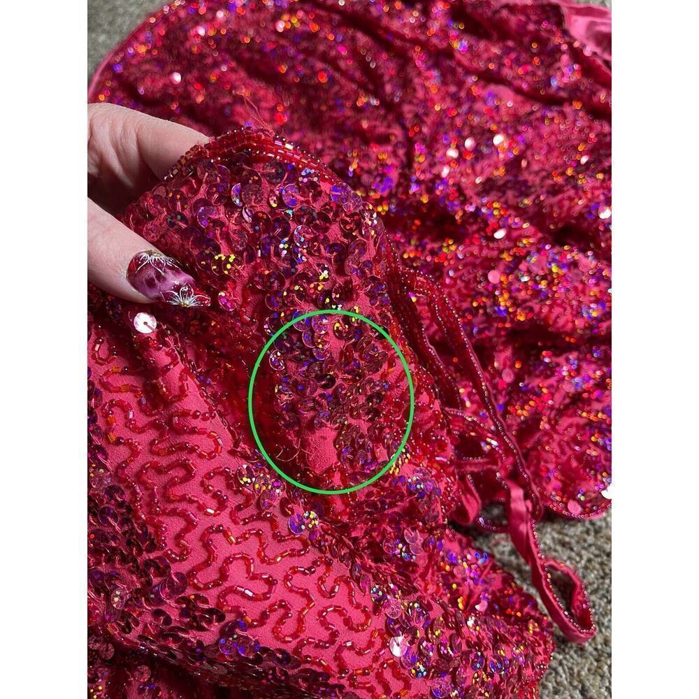 Glam Gurlz Pink Fully Beaded Sequin Prom Evening Dress Train High Slit Medium - Picture 6 of 11